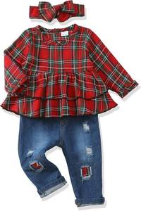 lot 9056 image: 12 18 Months Girl Clothes Fall Winter Toddler Girl Clothing Outfits Cute Red Green Plaid Ripped Denim Jeans Baby Girls Clothes 12-18 Months