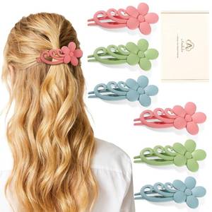lot 9103 image: Medium Flat Hair Clips for Fine Thin Hair, Cute Flower Claw Clips for Women for Hawaiian Vacation Spring Summer, 6 Pcs (Pink, Blue, Green)