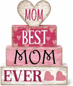lot 9104 image: 4 Pcs Mothers Day Table Decorations, Best Mom Ever Wooden Pink Heart Decor, Mothers Day Centerpieces Gift for Mom from Daughter Son, Tiered Tray Decor for Home Shelf Coffee Table Mantel