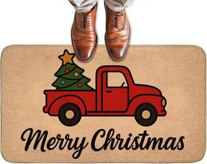 lot 9108 image: Merry Christmas Red Truck Doormat for Front Door Outdoor Indoor, Non-Slip Welcome Mat with Farmhouse Holiday, Entry Rug for Porch, Home, Office, Living Room, Bathroom Decor 29.5x17 Inch