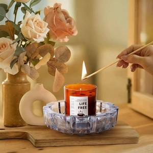 lot 9110 image: Candle Dish - Glass Candle Holders for Home Table Decor, Decorative Crystal Candle Dish Tray for Small Candles, Tea Light, Candy Dish (No Candles Included) (Blue)