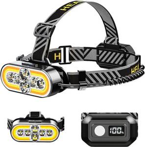 lot 9111 image: Super Bright Headlamp Rechargeable - 6 LED & 2 COB, 90  Rotating, Digital Power Display, 15 Modes with Red Light, Waterproof for Camping, Running, Mechanic, Emergency