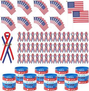 lot 8882 image: 144 Pcs Veterans Day Decorations Red White and Blue Decorations for Patriotic Party Favors American Stick Flag,Rubber Bracelets,Stripe Ribbon Pin for Independence Day Memorial Day Accessories Parades