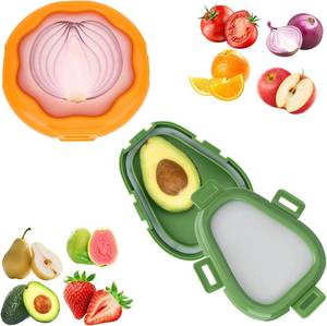 lot 8904 image: KMOSENIA 2pc Fruit Storage Containers for Fridge, Avocado Saver and Onion Storage Set, Reusable Silicone Food Storage Containers for Tomatoes, Lemons, and Potatoes (2)