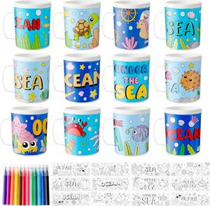 lot 8922 image: Ocean Animals Color Your Own Mugs for Kids - 12Pcs Under the sea Bulk 8oz Personalized Coffee Mugs with 36Pcs Insert Paper DIY Plastic Cups for Christmas Winter Party School Home Activities Supplies