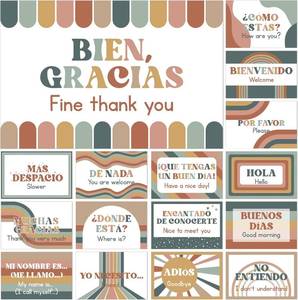 lot 8937 image: BelleAngle 16Pcs Bilingual Posters Spanish English Words and Phrases Poster Set Educational Materials for Teachers Preschool Back to School Classroom Decorations