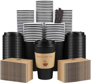 lot 9176 image: Clawsoff 100 Pack 16 oz Coffee Cups with Lids, Disposable To Go Paper Coffee Cups with Sleeves and Stirring Sticks for HotCold Drinks Office Home Shop Event (Black)