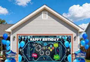 lot 9187 image: 6X13ft Blue Video Game Happy Birthday Backdrop Level Up Gaming Happy Birthday Background Boys Men Teens Game Night Party Decorations Birthday Photography Background Photo Booth Studio