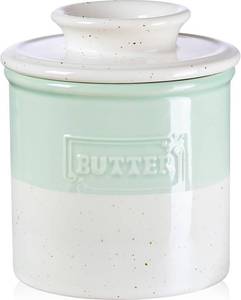 lot 9197 image: NUTRIUPS Ceramic Butter Crock, Butter Dish with Lid for Countertop with Water Line, French Retro Butter Crock for Spreadable Butter (Cyan Mist White)