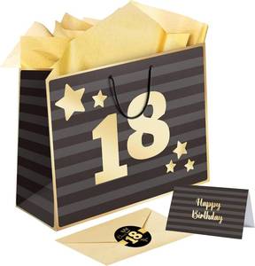 lot 9203 image: Sumerk 13 Large Gift Bag Set, Black Gold 18th Birthday Gift Bag, 3 PCS Gold Tissue Wrapping Paper, 2 PCS 18th Stickers, Birthday Card with Envelope