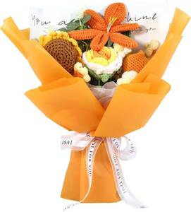 lot 9205 image: Crochet Flower Bouquet, Orange Knitted Flowers, Handmade Sunflowers Tulips Roses Bouquet for Mothers Day Birthday Anniversary Party Valentine Day Graduation Gifts (with Card)
