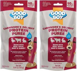 lot 9210 image: GOOD BOY Carnivore s Delight Protein Purees Dog Food Mixers for All Adult Dogs, 10 Count, Easy Single-Serve Triple Flavor Topper Treats with Duck, Beef and Rabbit (Pack of 2)