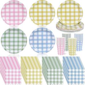 lot 9228 image: 72Pcs Gingham Party Supplies 9 Inch Easter Party Colorful Dessert Paper Plates and Napkins Set Easter Disposable Round Picnic Plaid Plates Napkins Cups Checkered Dinnerware Set for Baby Shower Wedding