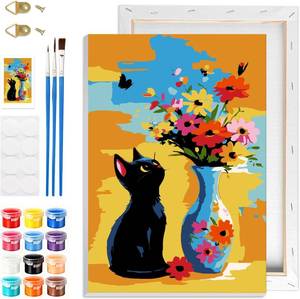 lot 9237 image: GHHKUD Cat Paint by Numbers with Frame for Adults Beginners, DIY Vase Flower Paint by Numbers for Age 6-12, Art on Canvas Gifts Home Wall Decor 8x12in