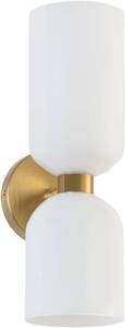 lot 9250 image: Modern Glass Wall Sconces- Double Head Wall Lighting with Long Short Glass Shades- Bathroom Vanity Light Mid-Century Up Down Hardwired Wall Lamp Indoor for Bedroom Hallway Living (Gold-White)