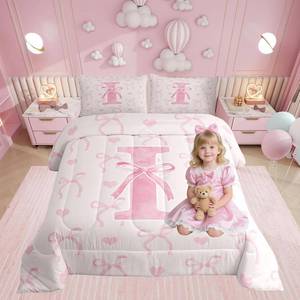 lot 9255 image: Erosebridal Letter I Comforter Full Size for Girls Teen Women Aesthetic Coquette Bowknot Bedding Set Pink Cute Love Heart Comforter Set Lightweight Alphabet Bedroom Decor Dreamy Princess Duvet Quilt