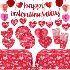 lot 9258 image: Valentine Day Plates Napkins Party Supplies Include Paper Plates, Napkins, Cups, Honeycomb, Banner, Hanging Swirls, Tablecloths for Disposable Valentine Tableware Set Sweet Heart Decorations 24 Guests