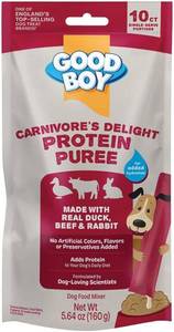 lot 9322 image: Good Boy Carnivore s Delight Protein Purees Dog Food Mixers for All Adult Dogs, 10 Count, Easy Single-Serve Triple Flavor Topper Treats with Duck, Beef and Rabbit