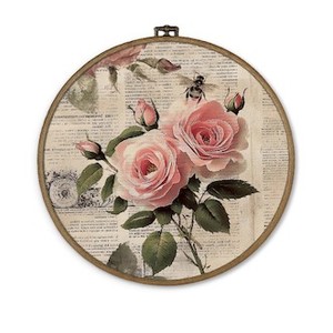 lot 9330 image: Pink Roses Round Wall Decor 10x10in