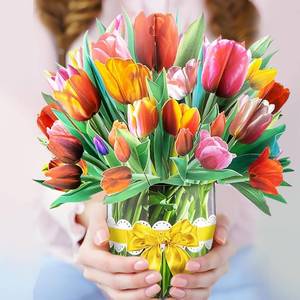 lot 9357 image: DOCIDAY Paper Flower Bouquet Card, 13 Inches 3D Tulip Pop Up Greeting Cards for Mothers Teachers Day Birthday Gift with Envelope and Note Card
