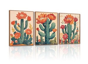 lot 9362 image: CHDITB Desert Cactus Canvas Wall Art Set Of 3, Modern Framed Gallery Wall Decor, Vibrant Succulent Aesthetic Art Prints For Office Bedroom Decor 12 X16