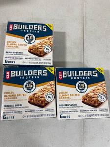 lot 9375 image: 3 Boxes CLIF BUILDERS Protein Bars Crispy Almond Salted Caramel, Reduced Sugar, Gluten Free, 6ct
