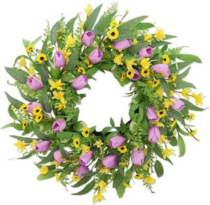 lot 9388 image: Spring Summer Wreaths for Front Door,22 Inch Artificial Purple Tulip Wreath with Wildflowers,Eucalyptus Leaves for Indoor Outdoor Wall Porch Festival Farmhouse Home Holiday Decor.