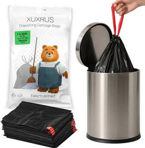 lot 9421 image: 2 pack XUXRUS 1.5 Gallon Black Mini Trash Bags, 60 Count Small Drawstring Trash Bags, Tear-Resistant, Easy Tear-Off, Premium Black Trash Can Liners for Bathroom, Office