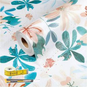 lot 9423 image: Shelf Liners for Kitchen Cabinets 17in x 20FT, Non Adhesive Drawer Liner Colored Flowers Thickened Shelf Liner Non-Slip Easy to Clean for Tool Box Refrigerator with Knife and Tape Measure