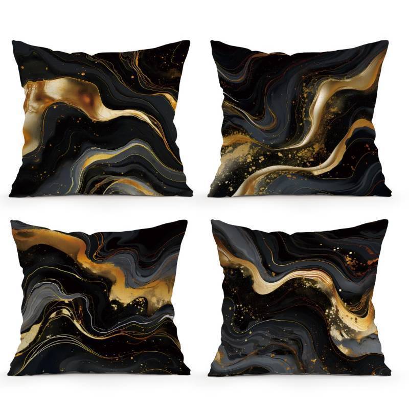 lot 55582 image: Abstract Black Gold Marble Throw Pillow Covers 18 � 18 in, Set of 4, Couch Cushion Cases Inserts for Sofa Bed Living Room Home Decor, Double-Sided Print - Retail $18