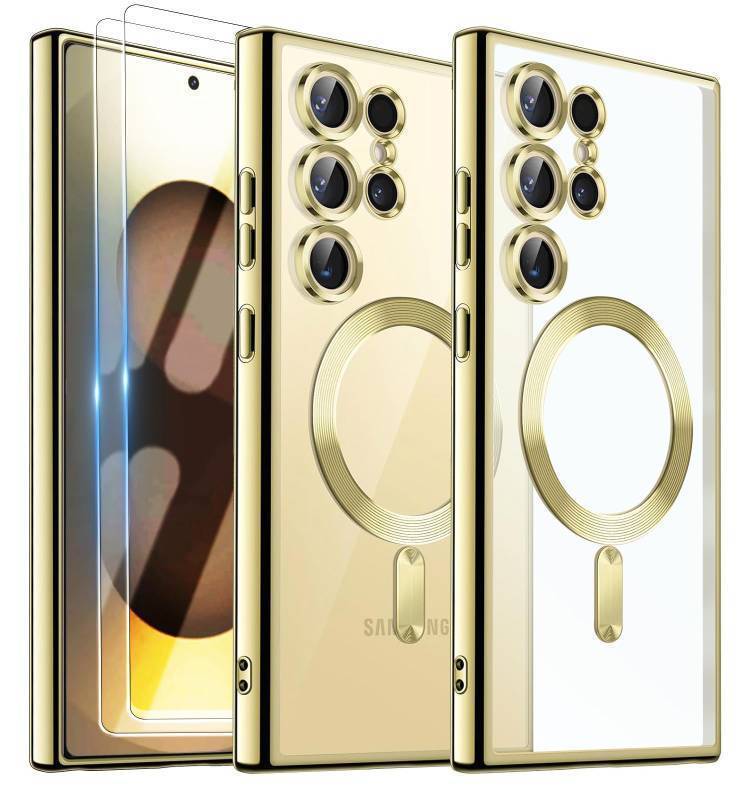 lot 55585 image: Official Titanium Case for Samsung Galaxy S25 Ultra,Compatible with MagSafeFull Camera Cover Protection Metallic Glossy Slim Luxury Phone Case for Galaxy S 25 Ultra,Gold - Retail $10