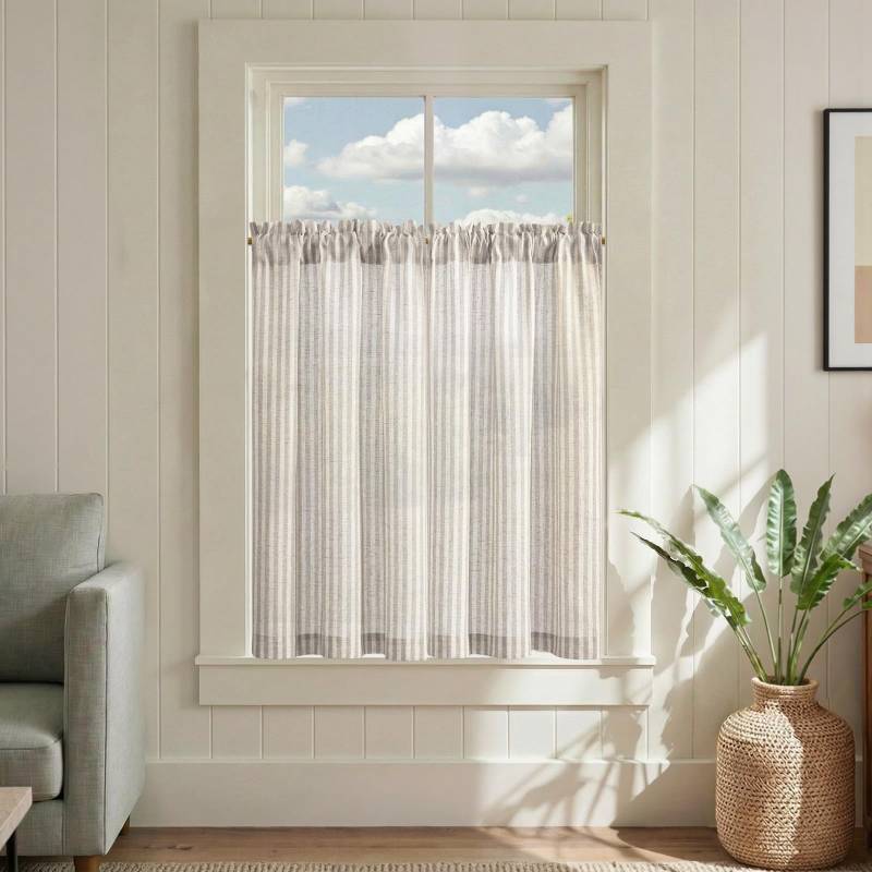 lot 55596 image: Striped Linen Kitchen Curtains 36 Inches Tier Curtains Farmhouse Modern Cafe Style Small Window Treatments Airy Light Filtering Rod Pocket for Living Room Bathroom 2 Panels Taupe Grey - Retail $20