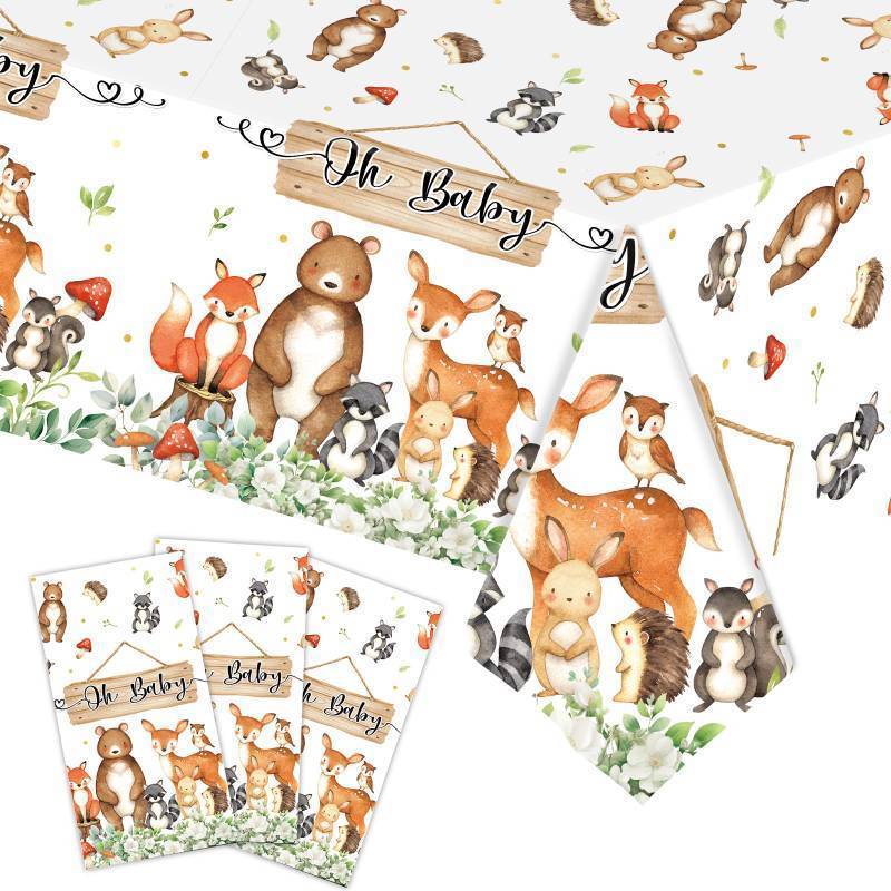 lot 55610 image: 3pcs Woodland Animals Tablecloth Forest Wild Creatures Baby Shower Table Covers for Boy Girl Birthday Decoration Neutral Gender Reveal Decor Friendship Themed Party Supply 54 x 108 - Retail $10