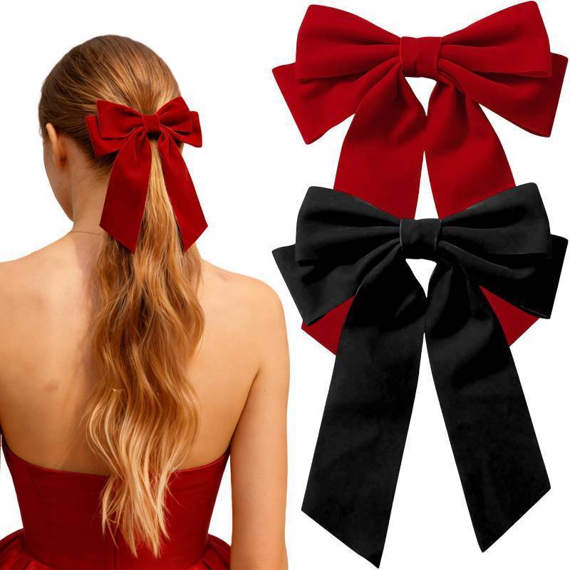 lot 55621 image: 1PCS Large Elegant Burgundy&Black Velvet Hair bow for Women Girls, Big Elegant Long Tail Bowknot Decor Hair Accessories for French Valentines Day - Retail $6