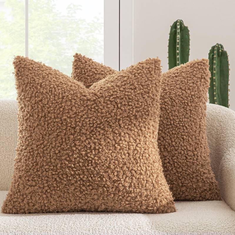 lot 55636 image: Pack of 2 Throw Pillow Covers 18x18 Inch Brown Faux Fur Decorative Sherpa Pillow Covers Fuzzy Accent Soft Sheepskin Fleece Cushion Cases for Boho Home Decor Couch Living Room Bed - Retail $24