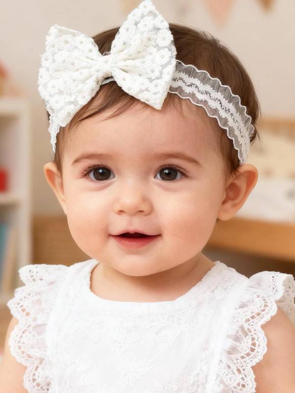lot 55644 image: Baby Girls Bow Lace Headband Cute Soft Hairband White Butterfly Knot Headbands for Newborn Infants Toddlers Kids Christening Baptism Birthday Party Hair Accessories White flower bow