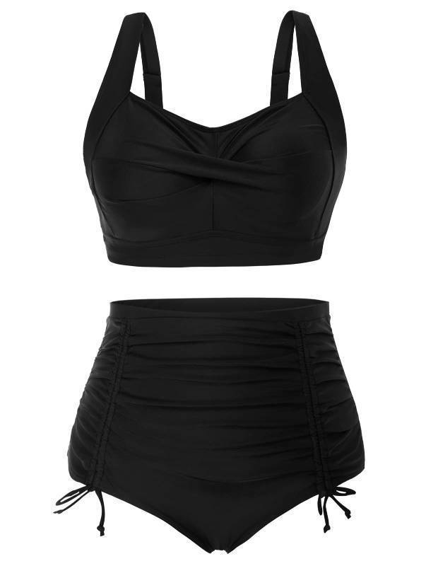 lot 55663 image: Nikole Womens Plus Size Bikini Set 2 Piece High Waisted Swimsuit Bathing Suit Black 12W - Retail $32