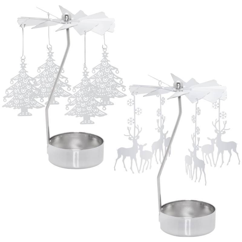 lot 55678 image: 2 Pcs Rotary Candle Holder Spinning Candleholder Christmas Tree & Reindeer Style - Retail $12