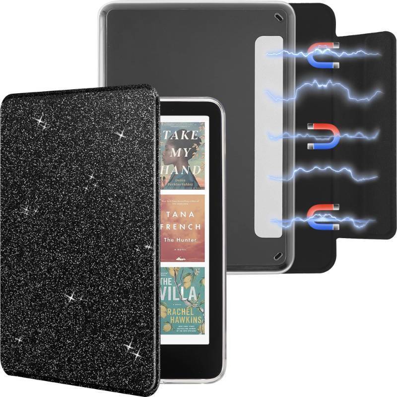 lot 55686 image: Detachable Magnetic Case for 6 Kindle 2024 and 2022 (11 Generation), Slim PU Shell Cover Case with Auto WakeSleep, Glitter Black - Retail $20