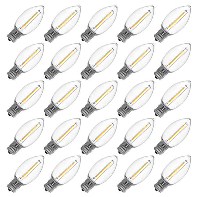 lot 55710 image: C9 Led Replacement Christmas Light Bulb, 25 Pack C9 Shatterproof Led Bulbs for Christmas Outdoor String Lights, E17 Intermediate Base, Commercial Grade Holiday Bulbs, Warm White - Retail $20