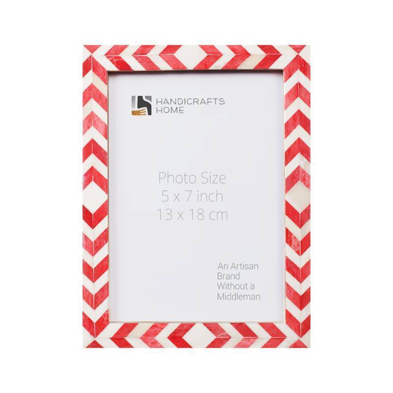 lot 55717 image: Handicrafts Home Red Picture Frame, Handmade Bone inlay 5x7 Frame for Living Room, Bedroom, Office, Desk, Shelf & Gallery Wall, Boho & Coastal Home Decor, Gallery Wall, Mosaic Chevron Collection - Retail $18