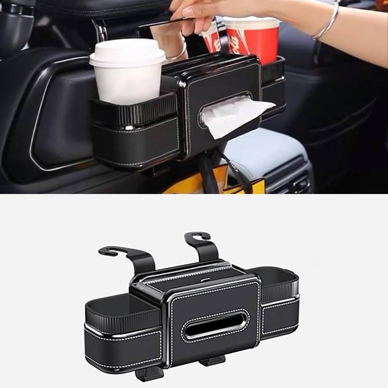 lot 55771 image: Multifunctional Car Seat Back Organizer Box with Drink Cup Holder, Makeup Mirror, Tissue Box& Hooks for Car Seat Back, New Upgrade Car Headrest Backseat Organizer Suitability for Wife, Girlfriend - Retail $42