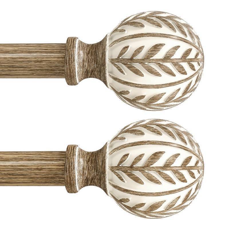 lot 55775 image: 2 Pack Boho Wood Curtain Rods for Windows 28 to 48 inch,1 Adjustable Heavy Duty Window Curtain Rod with Imitation Wood Grain Finials, Rustic Decorative Drapery Rods Set 18-60,Weathered Wood - Retail $43