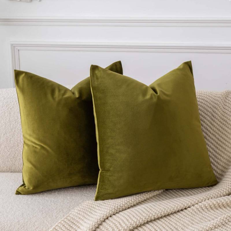 lot 15587 image: Throw Pillow Covers 18x18 inch Set of 2 Decorative Velvet Pillow Covers for Couch Sofa Bed Soft Cushion Covers Cases with Invisible Zipper for Living Room Home Decor, Olive Green - Retail $14