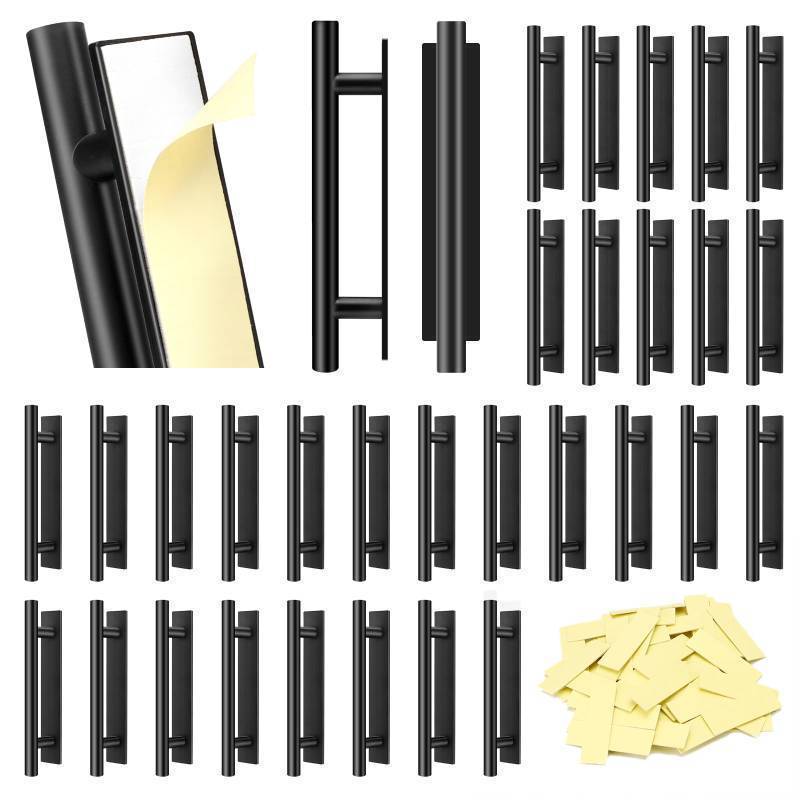 lot 15653 image: Self-Stick Push Pull Helper, 30 Pack Drawer Pulls ABS Plastic Adhesive Door Handles Peel and Stick Cabinet Handles for Kitchen Cabinet Sliding Door Furniture (Black) - Retail $22