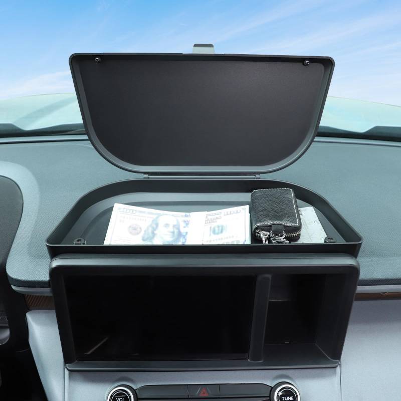 lot 15671 image: Car Center Console Dash Organizer Tray Compatible with Ford Maverick 2022 2023 2024, Pickup Dashboard Navigation Screen Rear Storage Box with Lid Cover Interior Storage Expansion Accessories - Retail $30