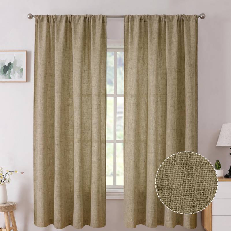 lot 34632 image: Linen Curtains Living Room Rod Pocket Semi Sheer Curtain Burlap Light Filtering Thick Linen Drapes for Bedroom, 38 x 63 inches Long, Taupe, Set of 2 Panels - Retail $20