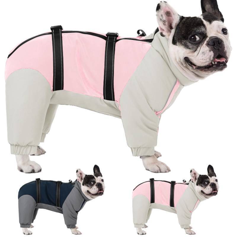 lot 34662 image: Four Legged Warm Dog Jacket with Adjustable Buckles, Turtleneck Windproof Fleece Reflective Fullbody Puffer Coat - Pink Grey M - Retail $45
