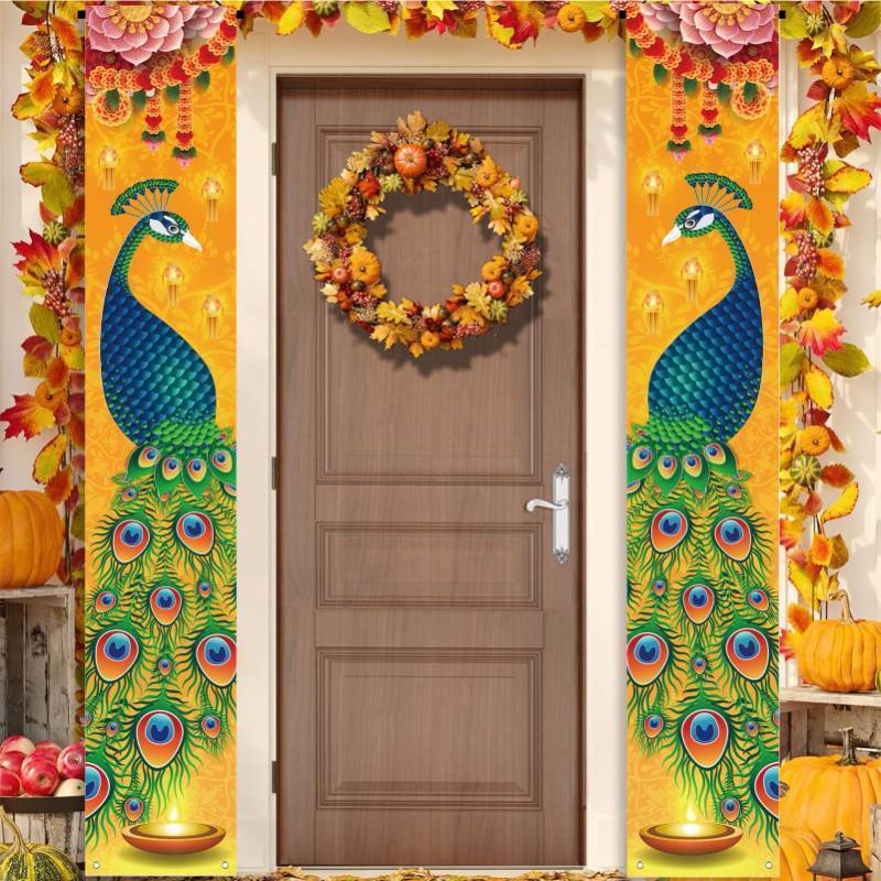lot 35085 image: Happy Diwali Porch Banner, Indian Diwali Peacock Front Door Porch Welcome Sign Deepavali Festival of Lights Decorations for Home Doorway-12�71 (Gold) - Retail $7