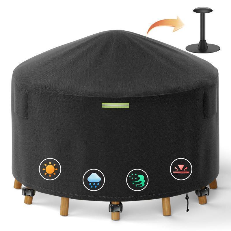 lot 35092 image: 110 Inch Round Patio Furniture Covers with Support Pole, 800D Heavy Duty Waterproof Tear-Resistant Polyester Round Outdoor Table Cover - Retail $66